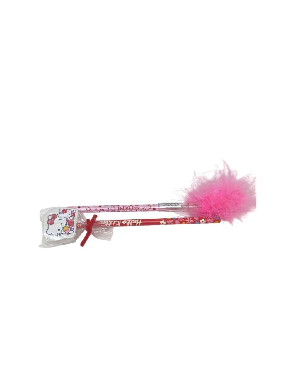 Sanrio Hello Kitty Red Pencil Figural Eraser/ Pink Pen Feather Boa Tip